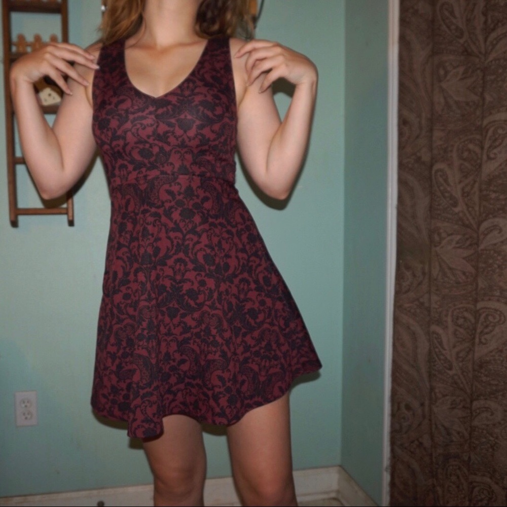 Maroon and Black Skater Dress with Flared Skirt